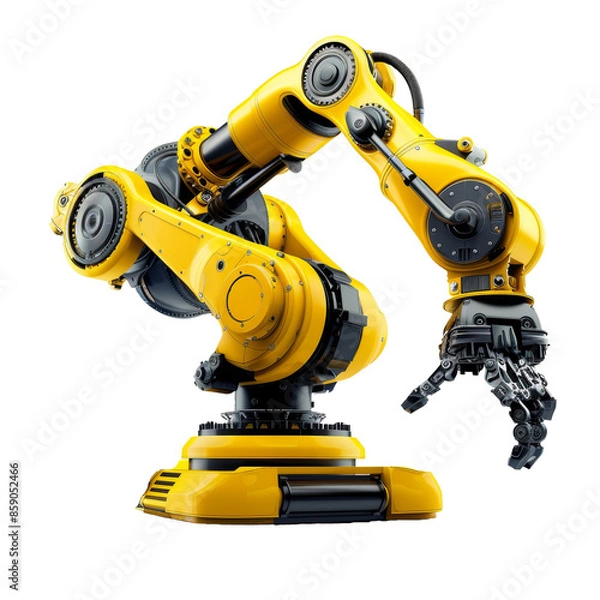 Fototapeta Industrial robotic arm with yellow details, ideal for factory automation and manufacturing processes. High-tech machinery and robotics.