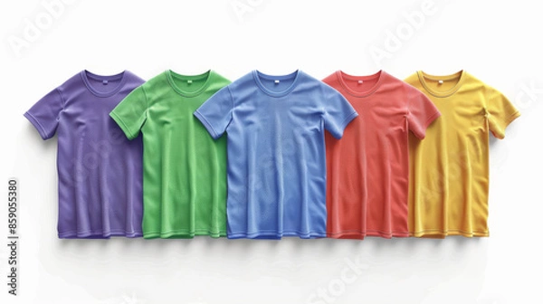 Fototapeta Five colorful T-shirts in different shades neatly arranged in a row on a white background.