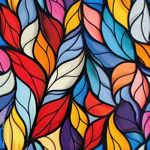 Fototapeta Colorful Abstract Leaf Pattern with Vivid Stained Glass Effect and Intricate Vine Line Art Design
