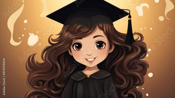 Fototapeta Cute Cartoon Girl in a Graduation Cap and Gown with Space for Copy, Generative AI