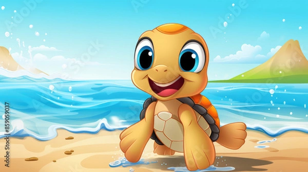 Fototapeta Cute Cartoon Turtle on a Beach, Generative AI