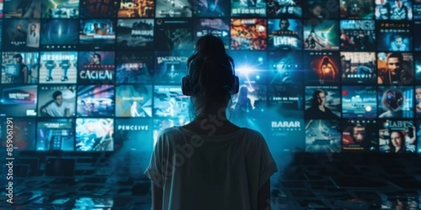 Fototapeta AI algorithm suggesting movies TV shows on streaming service person browsing interface banner with copy space