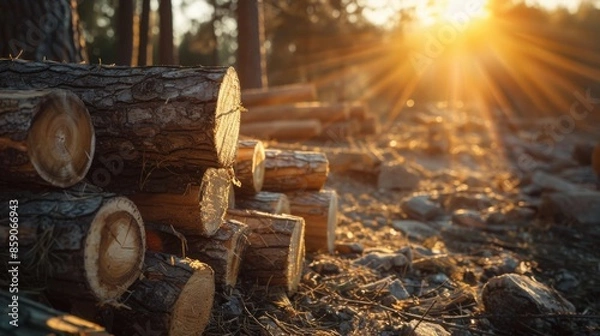 Fototapeta Stack of logs in a forest with sun rays shining through the trees during sunset, autumn nature concept