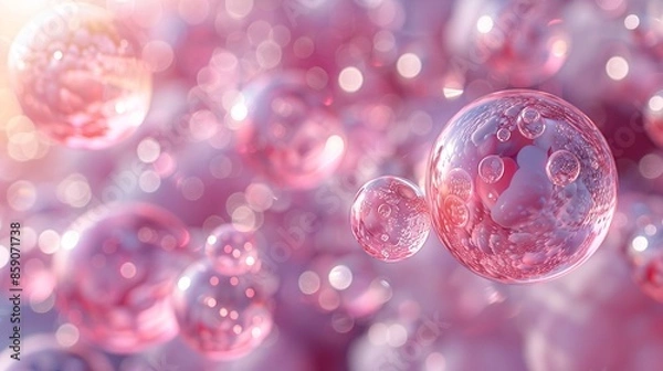 Fototapeta Molecule inside Transparent liquid bubble on soft background, concept skin care cosmetics solution. 3d rendering
