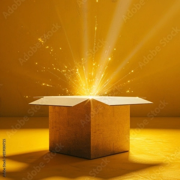 Obraz Mystical Golden Light Burst Emanating from Open Cardboard Box on Yellow Background