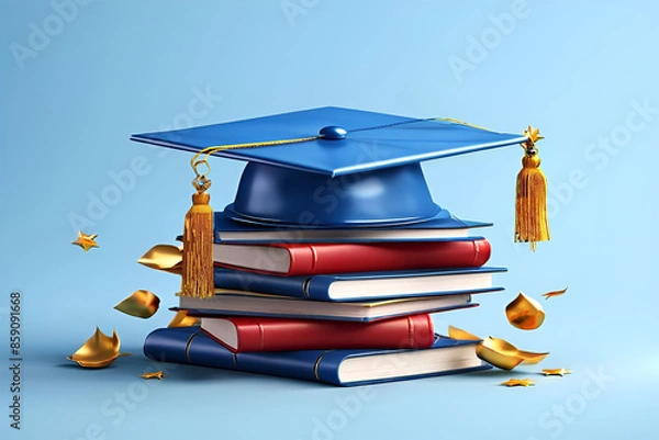 Fototapeta 3D Graduation Cap and Diploma on Books, Light Blue Background. 3D Rendering Illustrating Academic Success and the Culmination of Studies.Symbol of Achievement