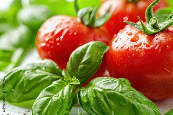 Fototapeta Tomatoes and Basil. Fresh Red Tomatoes with Green Basil Leaves on White Background