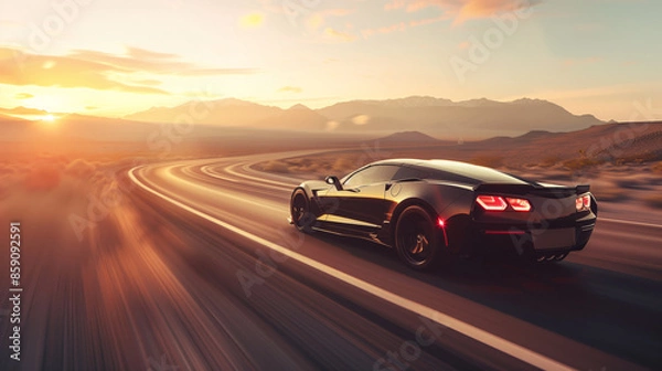 Fototapeta Black Sports Car Driving on Curved Highway at Sunset. High-Speed Supercar on Desert Road During Sunset