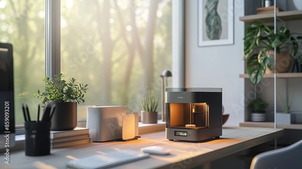 Fototapeta Modern 3D printer on a desk in a home office. The printer is on and printing objects.