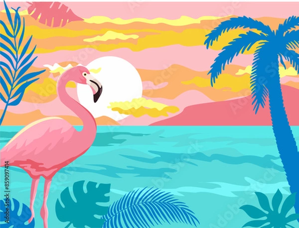Fototapeta Summer holidays banner with flamingos against the background of the sea and the leaves of a palm tree. Beautiful pink flamingo bird standing in sea water on color