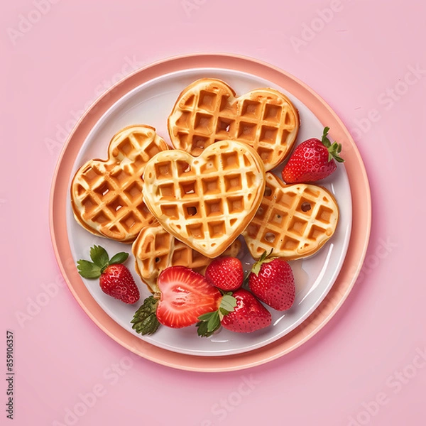 Fototapeta breakfast with heart shaped waffles and strawberries in plate on pink background.