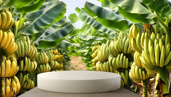Fototapeta Joyful Empty podium for product presentation and banana tree background, Generative AI.