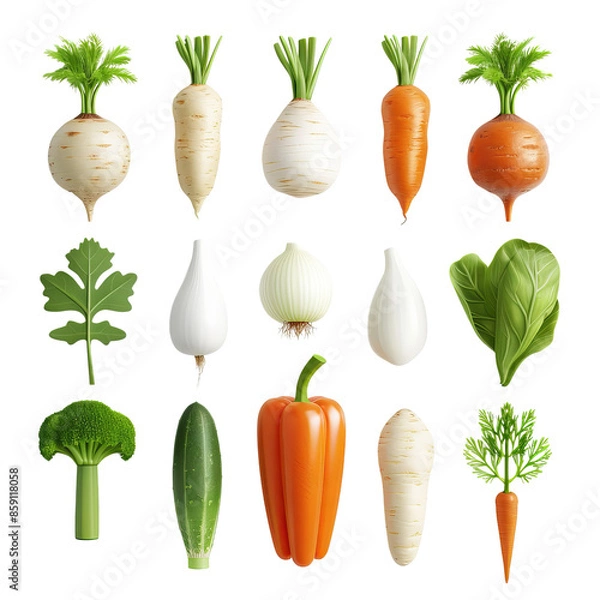 Obraz Various colorful vegetables including carrots, onions, and peppers arranged neatly on a white background.