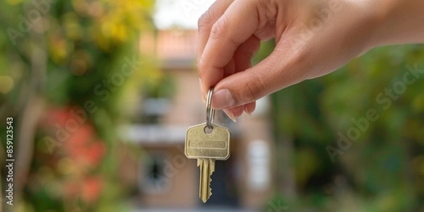 Fototapeta Hand Holding a Key with Blurred House and Trees in Background