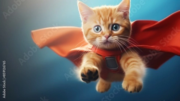 Obraz Adorable cat in a superhero cape and mask on a light blue background, the concept of a superhero, super cat, leader, funny animal studio shot.