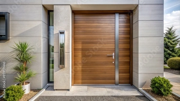 Fototapeta Modern minimalist wooden front door with sleek metal handle and number plate, set amidst a clean, neutral-colored exterior.