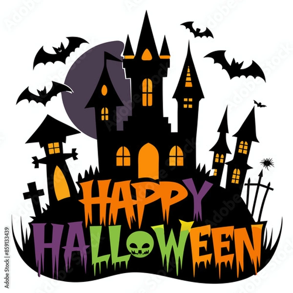 Fototapeta Happy Halloween text with a creepy castle in the background