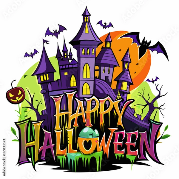 Obraz Happy Halloween text with a creepy castle in the background