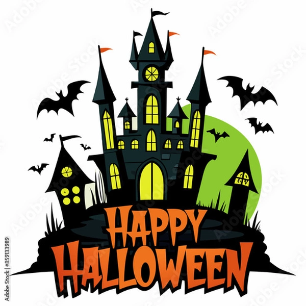 Fototapeta Happy Halloween text with a creepy castle in the background