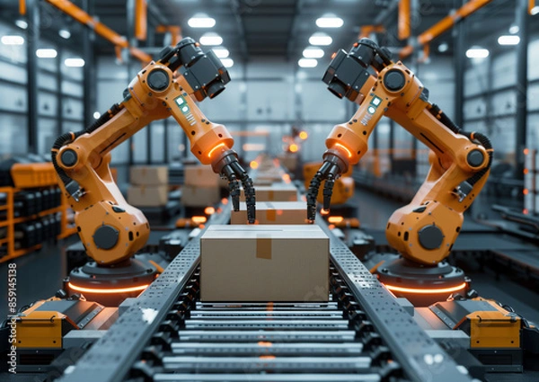 Fototapeta The robot arm in the factory is picking up the cartons.
