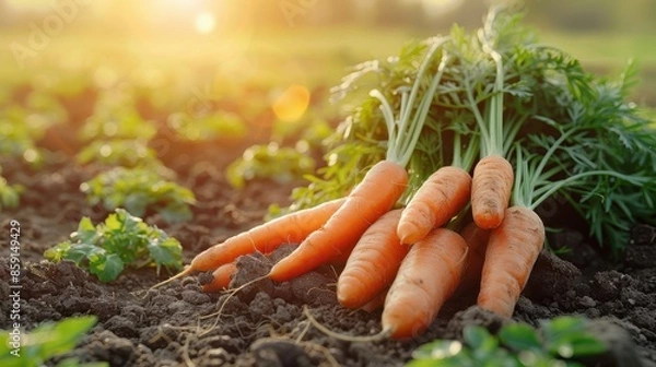 Fototapeta A bunch of freshly harvested, bright orange carrots shown in a sunlit garden setting, depicting the freshness, vibrancy, and healthiness of homegrown vegetables.