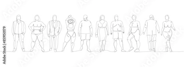 Obraz body positive set, obese people, plus size models one line art. Continuous line drawing of body positive, overweight, plus size model, XL, health, fashion, self acceptance.