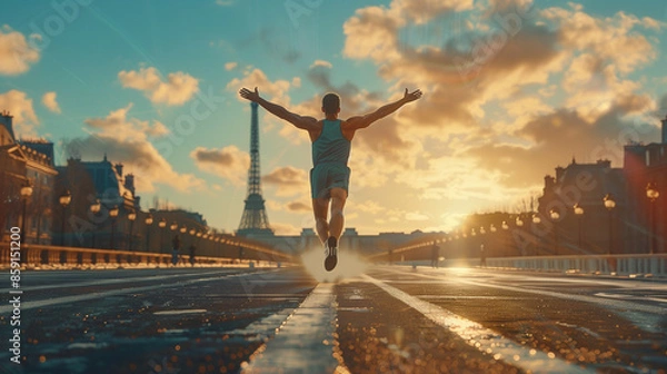 Obraz Caucasian champion celebrating a victorious moment at the Olympics. Paris skyline at background with eiffel tower.