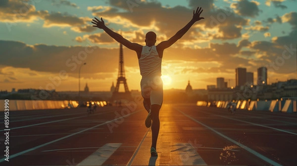 Obraz Black athlete raising arms in triumph after winning at the Olympics