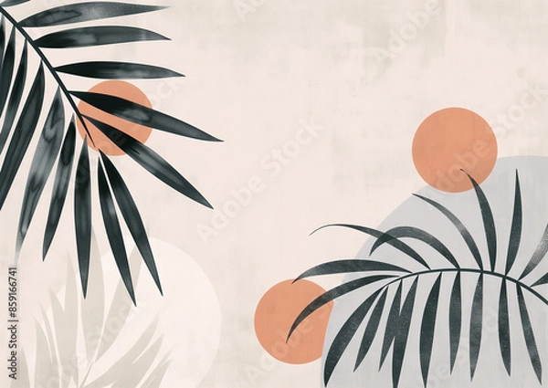 Fototapeta Modern boho flat illustration of abstract minimalistic design with leaves and copy space. Botanical wall art in cafe. Trendy collection for design print, banner, cover, wallpaper.	
