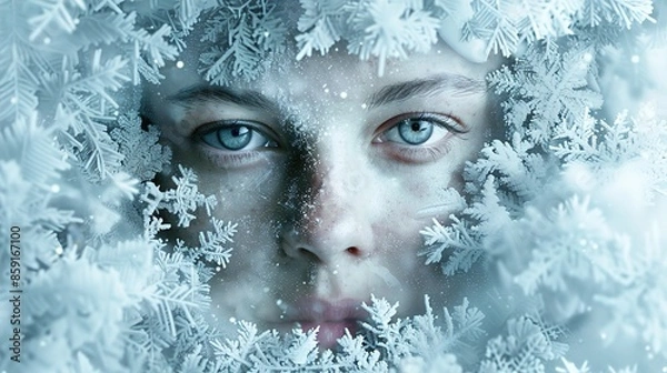 Fototapeta A woman's face intertwined with a snowy landscape on a grey background.