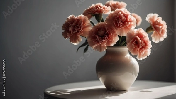 Obraz vase with carnation flowers on white table and plain background with dramatic lighting