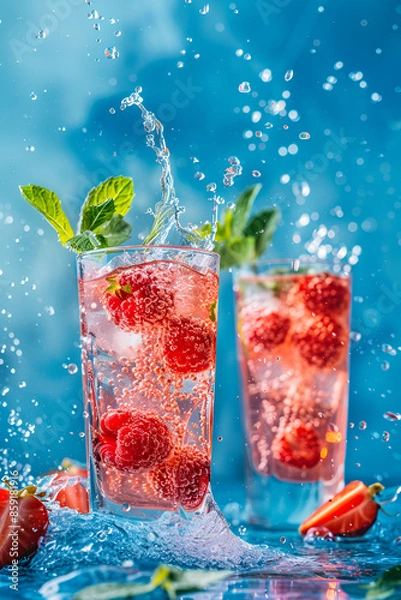Fototapeta Summer fruity soft drinks with splashes in tall glasses on a blue background.