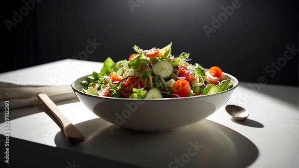 Fototapeta bowl of salad on white table and plain background with dramatic lighting