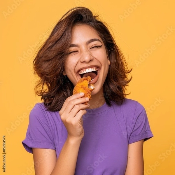 Obraz Young Woman Enjoying Delicious Fried Chicken Against a Yellow Background