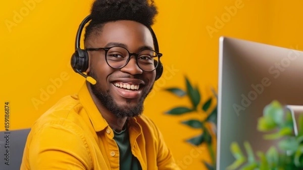 Fototapeta A cheerful call center agent in a bright office
