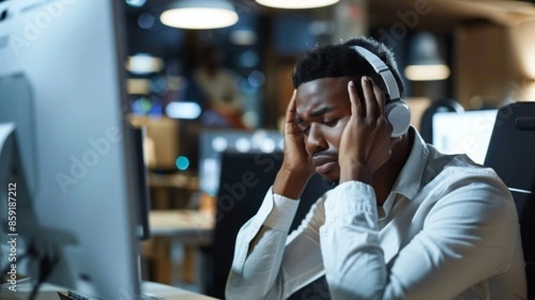 Fototapeta Anxious call center agent under pressure