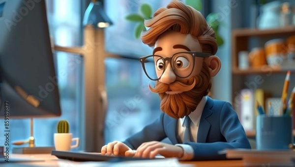 Fototapeta Cartoon Businessman Working at a Desk