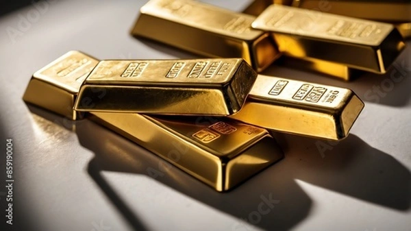 Obraz gold bars on white table and plain background with dramatic lighting