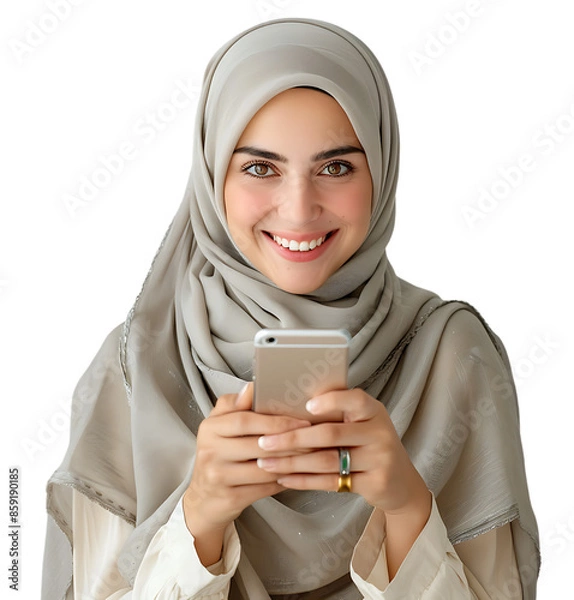Fototapeta smiling woman in hijab holding a cell phone on isolated transparent background