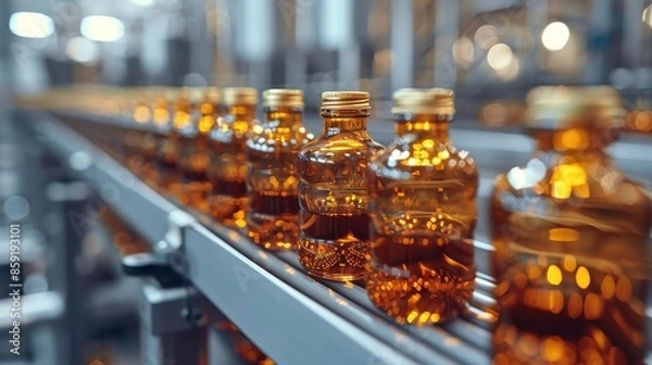 Obraz A detailed, close-up view of amber-colored, glass bottles neatly lined up on a conveyor belt inside a modern factory, reflecting the organized workflow of mass production.