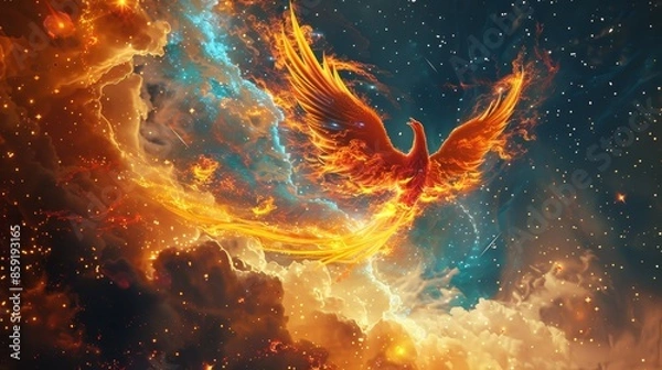 Fototapeta A fiery bird is flying through a cloudy sky