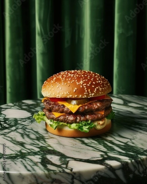 Fototapeta A mouth-watering double cheeseburger with lettuce, tomato, and cheese on a sesame seed bun, placed on a marble table with a green curtain background.