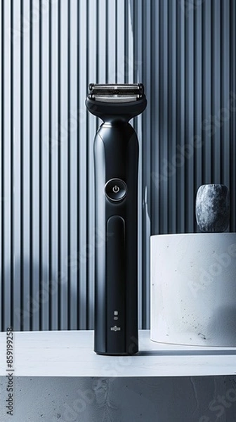 Fototapeta A modern black electric shaver on a white surface with shadows, representing advanced grooming technology and a stylish addition to personal care routines.