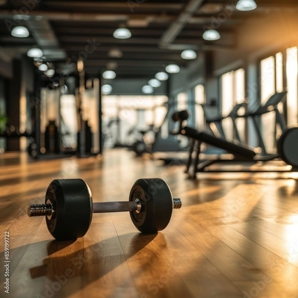 Obraz Black Dumbbell on a Wooden Floor in a Gym