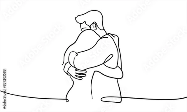 Fototapeta Man hugs woman, protection, love, trust, continuous line art drawing isolated on white background. Vector illustration