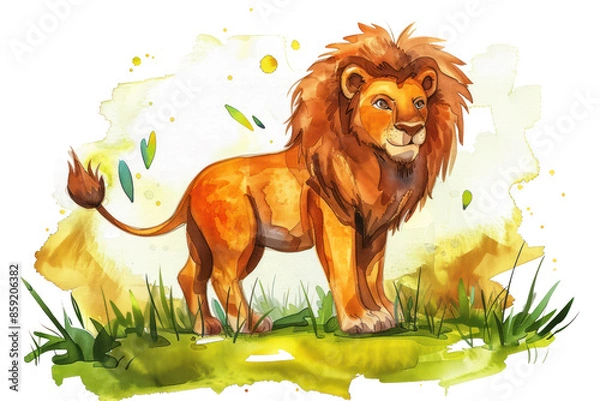 Obraz Watercolor illustration of a majestic lion standing among green grass,  regal presence.