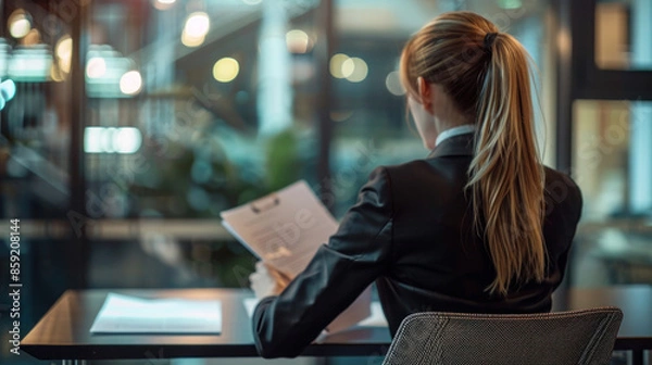 Fototapeta A businesswoman's back view as she reviews documents at a sleek office desk, contemplating strategy. Modern workspace ambiance.