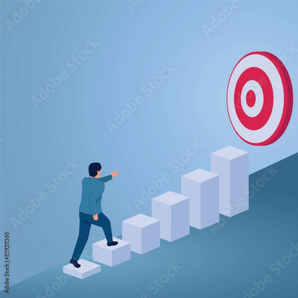 Fototapeta A man climbs a ladder of graphic blocks rising towards a large target, an illustration of goal achievement.
