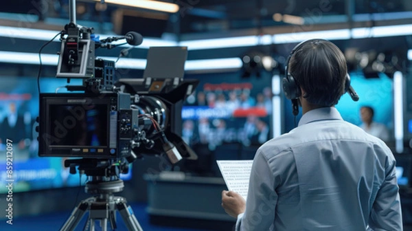 Fototapeta A news presenter reading from a teleprompter in a modern newsroom, facing the camera with a professional demeanor. High-tech studio setup, focused on delivering the latest updates.