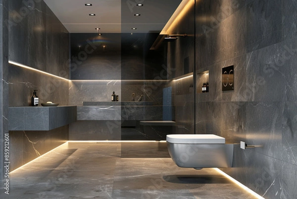Fototapeta A contemporary bathroom with a minimalist design, featuring a wall-mounted toilet, a floating vanity, and large format tiles. The room has a sleek and modern look.